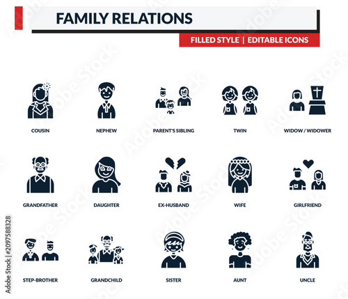 Valokuva filled family relations icons set - nephew, parent's sibling, twin, widow / widower