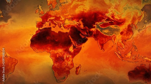 Fiery world map shows intense heat waves. Red and orange flames engulf continents. Africa and Asia appear most affected. Visualizes urgent climate crisis impact
