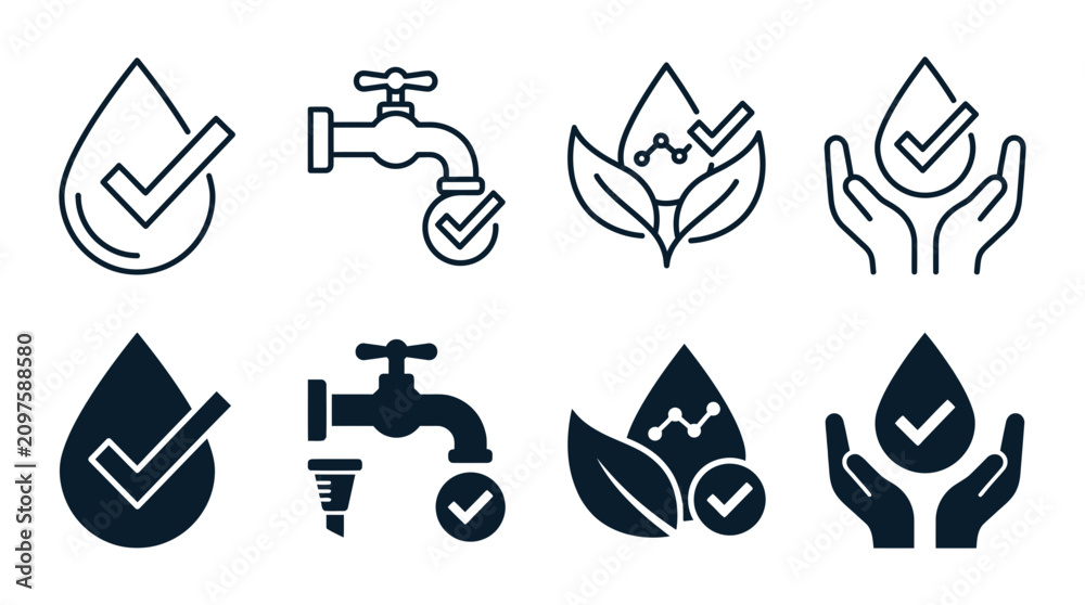 Fototapeta premium Water supply and eco-friendly plumbing icon collection for resource management with checkmark verified approved