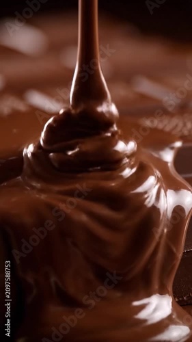 Melted chocolate pouring slowly onto solid chocolate bars.