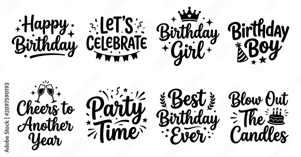 Fototapeta premium Set of black birthday greeting typography quotes and celebration badge elements for party design projects Minimal Typography text bundle collection. Editable Vector Illustration Mega pack