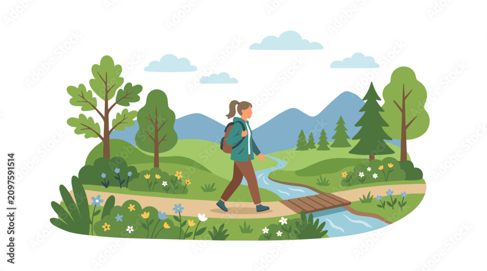 Fototapeta premium Woman hiking on a scenic trail through a lush green landscape with mountains and a stream