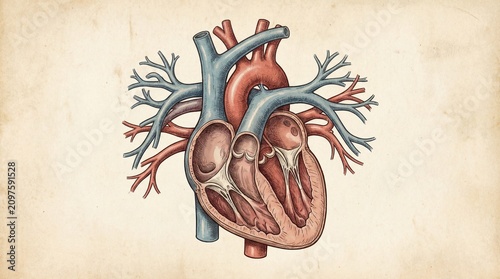 Anatomical illustration of a human heart, showing its chambers and major blood vessels with a vintage parchment background