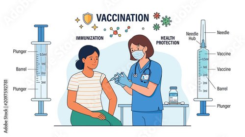Tableau sur toile Doctor administering vaccine to patient, health protection and immunization conc
