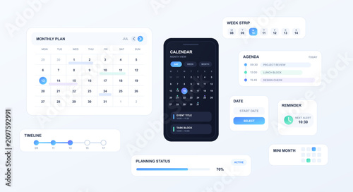 Calendar Planning Interface Elements and Mobile App Screen. Modern calendar and planning UI collection featuring monthly views, agenda, week strip, timeline. Vector UI, UX components for mobile app