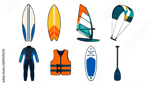 Cuadro en lienzo Water sports equipment set with boards, sail, kite and gear