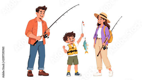 Obraz na plátně Family fishing together with child holding a caught fish