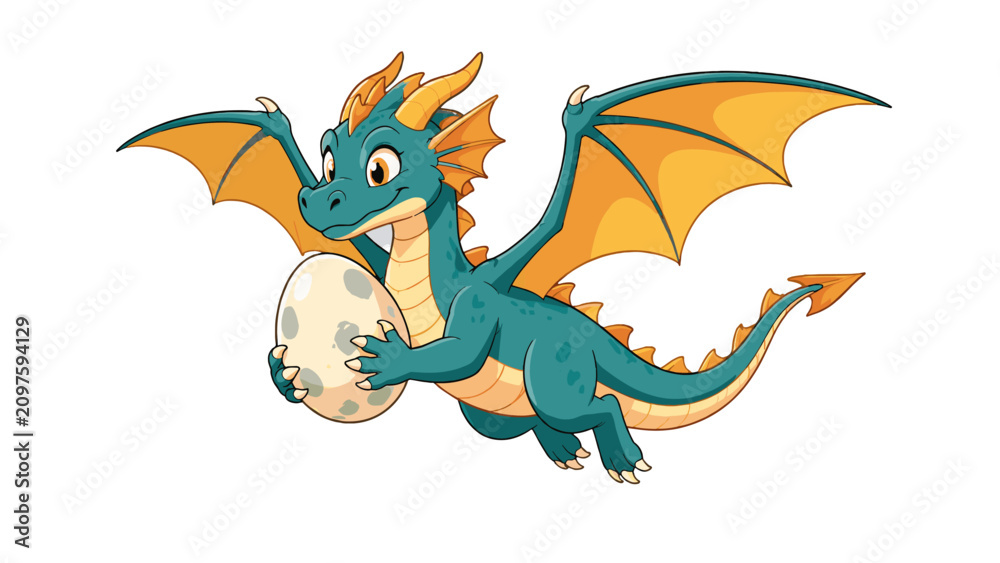 Obraz premium Cute blue dragon holding a spotted egg cartoon illustration