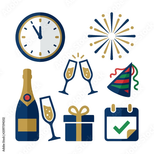 Collection of flat vector icons for New Year Eve celebration