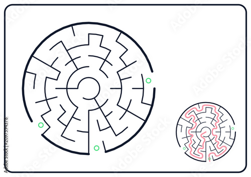 Easy circular maze for kids with dark blue frame, concentric radial labyrinth with three green ring entrances, two false ways and center goal, logic puzzle with wavy pink solution path