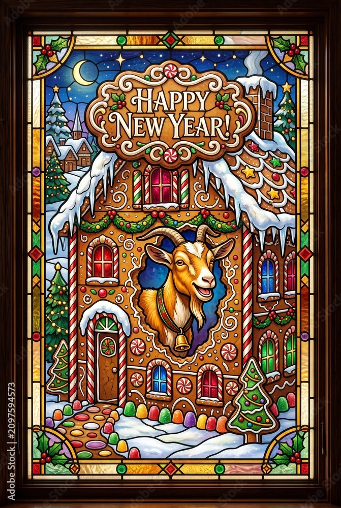 Fototapeta premium Colorful illustration of a gingerbread house with a goat's head, celebrating Chinese New Year. Winter scene with festive decorations and a cheerful greeting.