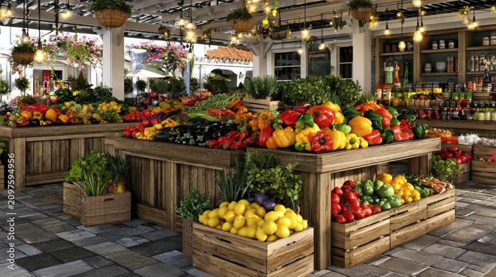 Obraz premium Vibrant Farmers Market Display with Fresh Produce, Colorful Vegetables and Inviting Atmosphere