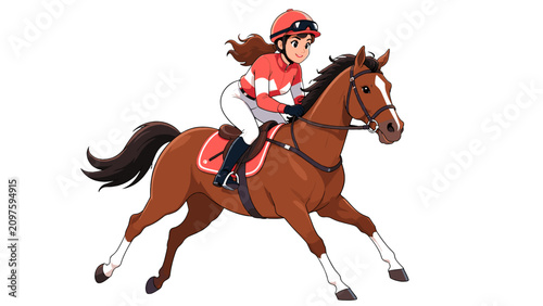 Konstfotografi Female jockey riding a brown horse in cartoon vector style