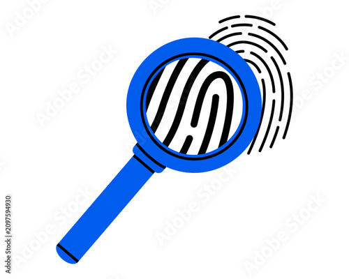 Hand drawn illustration of human fingerprint with magnifying glass. Flat vector biometric authentication doodle. Dactylogram of suspect analysis icon or print. True crime concept. Isolated.