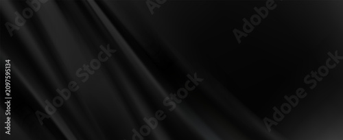 Dark black luxury silk fabric background. Smooth wavy satin texture design for elegant banner backdrop and premium presentation.