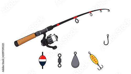 Schilderij op canvas Fishing rod with reel, hook, float, sinker, swivel, and lure