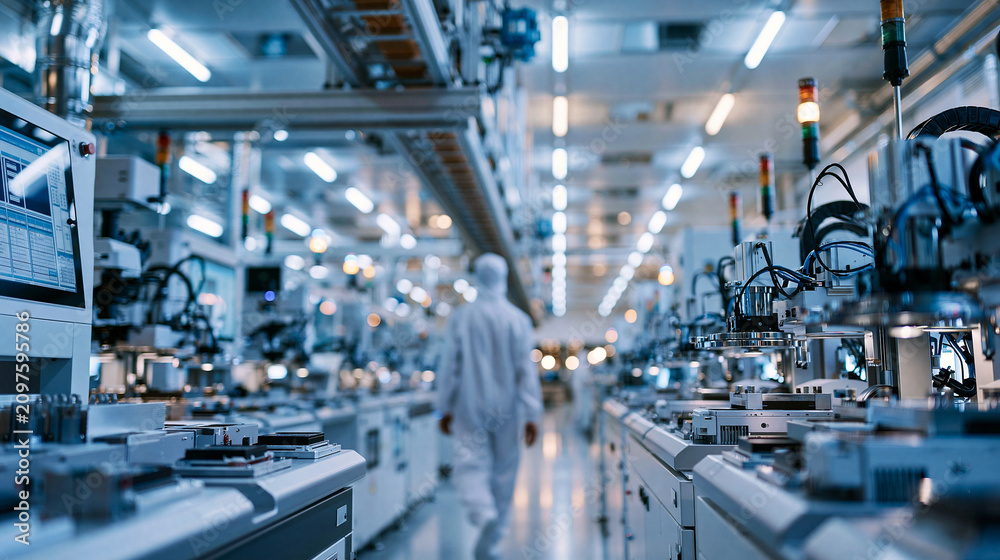 Fototapeta premium Wide shot of a bright advanced cleanroom production hall with an overhead automated transfer system running along the ceiling rows of processing tools a technician in a white