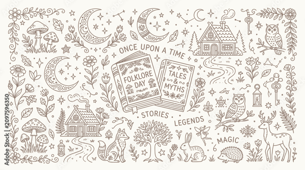 Fototapeta premium Whimsical Folklore and Fairytale Illustration with Enchanted Elements and Storytelling Symbols.