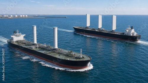 Rotor and wing sail tankers near coastal port