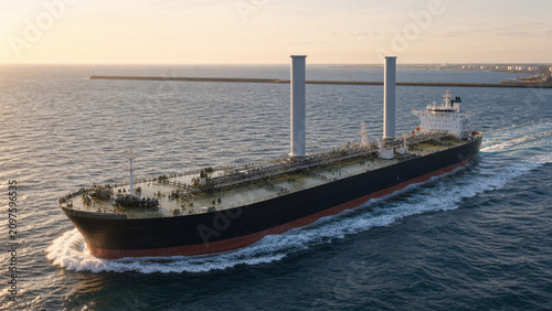 Rotor sail tanker approaching harbor at sunset