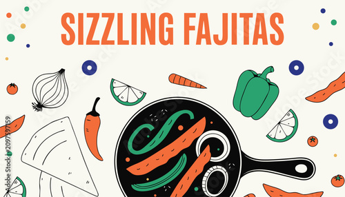 Cuadro en lienzo Colorful graphic illustration of delicious sizzling fajitas for national food da