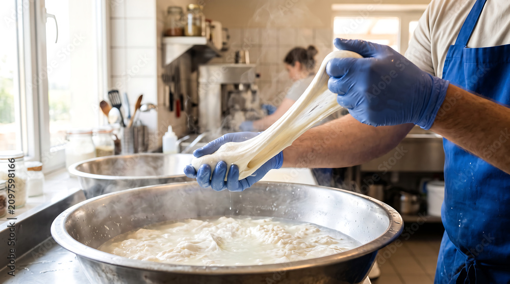 Fototapeta premium Artisan cheesemaker hands in blue gloves stretching hot fresh mozzarella cheese over a metal bowl in a dairy workshop kitchen creamery production process