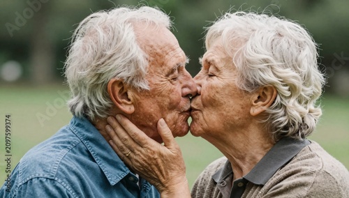 Loving elderly couple sharing a tender kiss in a close up studio shot