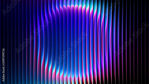 Fractal glass texture with soft circular neon gradient glowing through translucent vertical ribs. Futuristic reeded glass surface with luminous circular gradient for creative visual project. 3d render