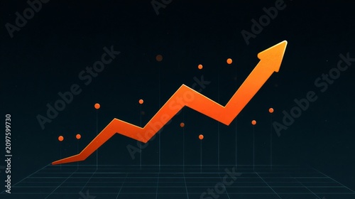 Bright orange upward arrow showing financial growth rising over a grid chart representation