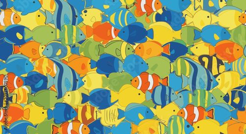 Colorful Tropical Fish School - Vibrant Underwater Marine Life Illustration