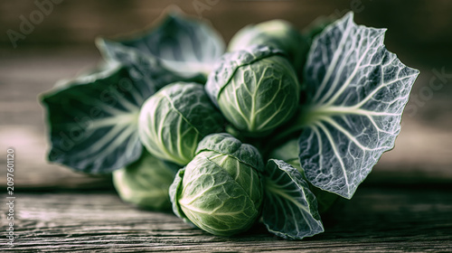 Fresh Green Brussels Sprouts on Rustic Wooden Surface
