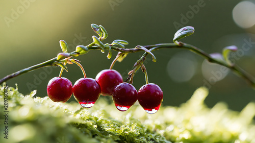 Red berries with dew droplets on a sunny day