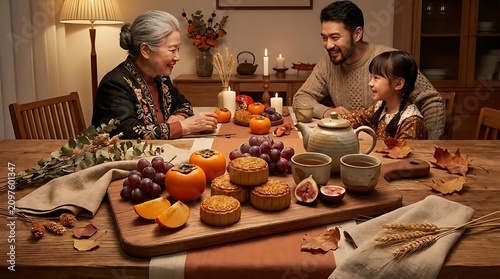 Family gathers for a festive meal with autumn harvest treats