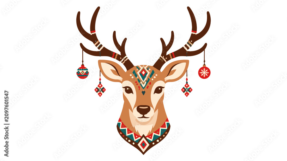 Fototapeta premium Decorative deer head with antlers and hanging ornaments