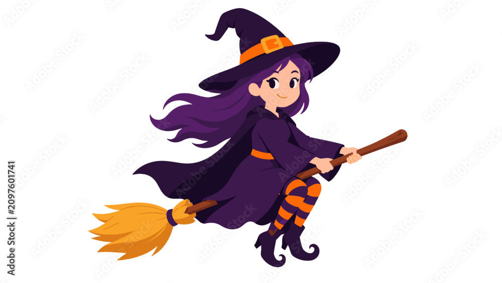 Fototapeta premium Cute witch girl flying on a broom in cartoon vector style
