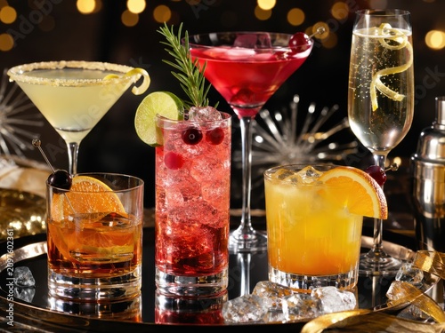 Verschiedene farbenfrohe Cocktails und Sekt auf einem Tablett mit Eis und Zitrusfrüchten. Moderne Silvestergetränke in Deutschland für Party, Bar und festliche Anlässe.