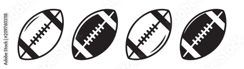 American football ball icons set with different styles and outlines on transparent background vector design.