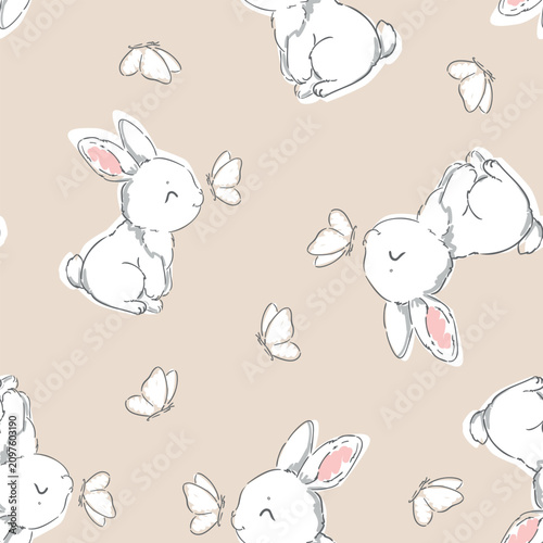 Hand Drawn Vector Cute Bunny Seamless Pattern with Happy Cute Lettering