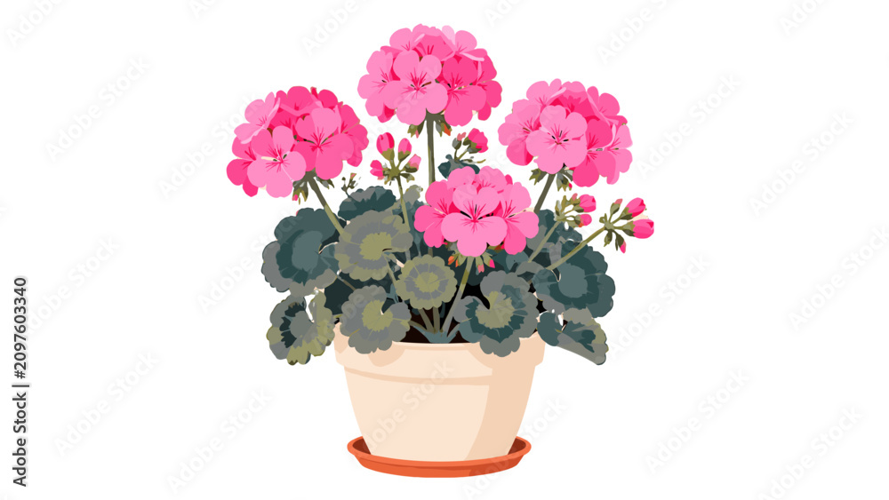 Obraz premium Pink geranium flowers in a terracotta pot vector illustration