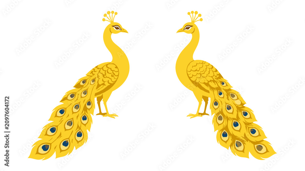 Fototapeta premium Pair of golden peacocks with ornate tail feathers
