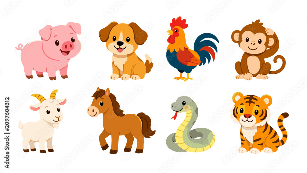 Fototapeta premium Cute cartoon animal set with pig dog rooster monkey and more