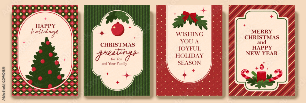 Obraz premium Christmas, New Year retro holiday cards set. Season's greetings. Christmas tree, bow, bauble, candle. Vintage frame design. Old paper texture. Retro geometric patterns.