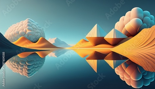 D Render Of Surreal Panoramic Background Abstract Minimal Wallpaper Of Fantastic Landscape With Fluffy Cube Hills And Reflection In The Water
