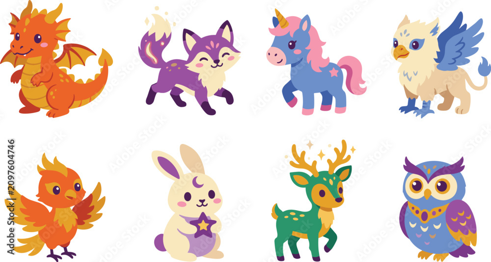 Obraz premium Cute Fantasy Animals Icon Set Magical Creatures Dragon Unicorn Phoenix Vector Illustration
