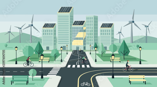 Sustainable smart city flat illustration with solar panels wind turbines and eco friendly transport