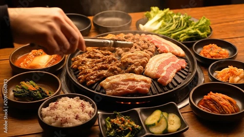 Korean Barbecue Meat and Side Dishes.