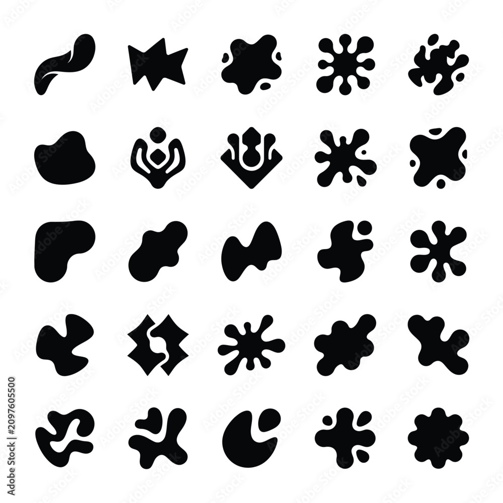 Obraz premium A collection of black organic abstract shapes and liquid blobs isolated on a white background.