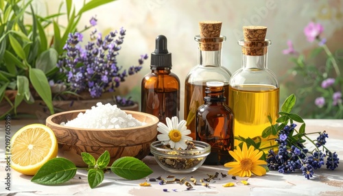 Aromatherapy essential oils with sea salt and fresh herbs.