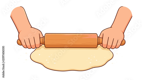 Obraz na płótnie Hands rolling dough with wooden rolling pin illustration