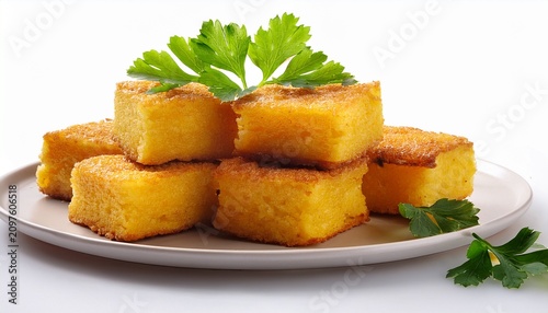 Isolated Fried Polenta Squares With Garnish Of Fresh Parsley